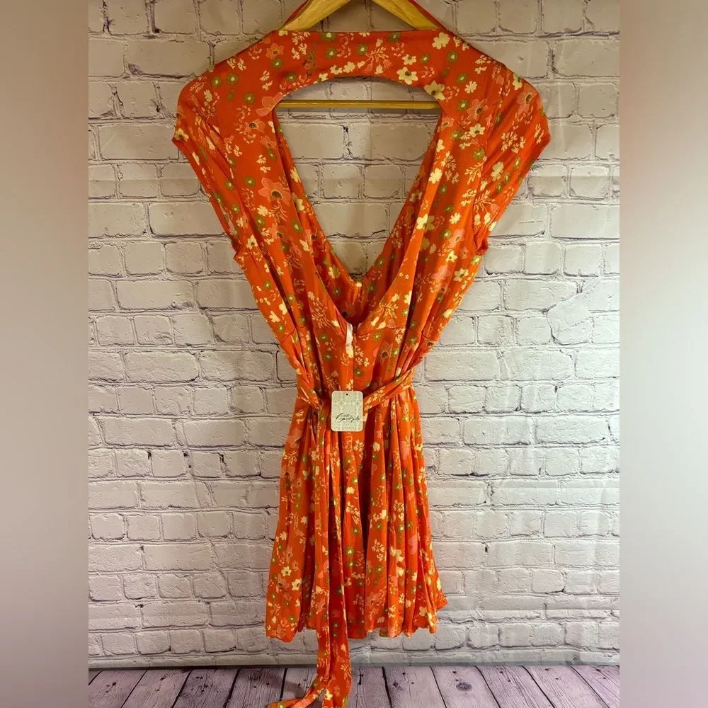 NWT Free People It Takes Two Peach Combo Orange Ditsy Boho Minidress Size Small